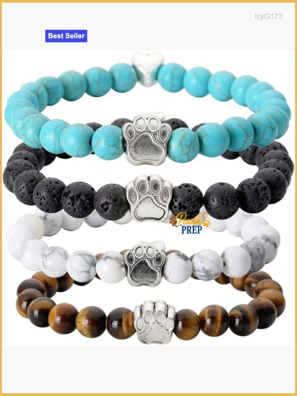 4pc Stretch Bracelet Set with Healing Crystals and Paw Charm
